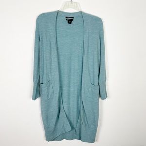 Tahari Longline Open Front Fine Merino Wool Cardigan Sweater Pockets XL